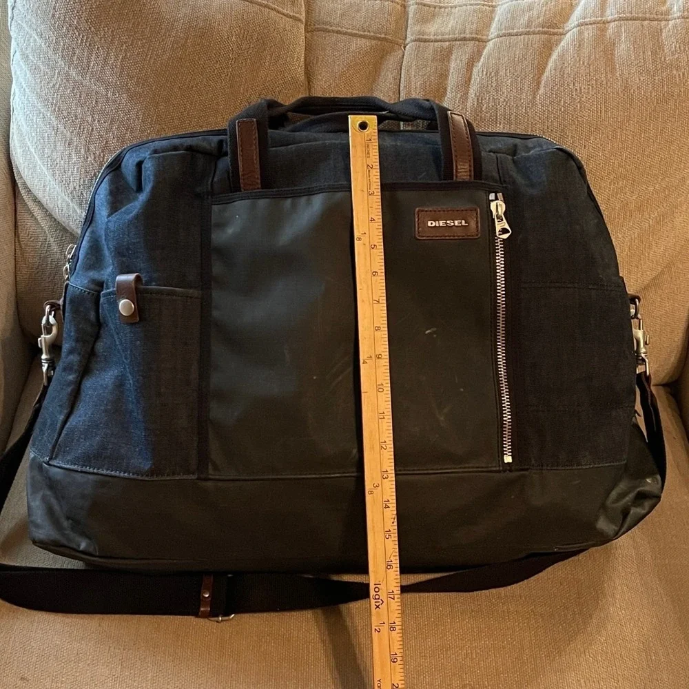 Diesel Duffle Bag Denim Coated Canvas Large Weekender Travel Bag Black Blue